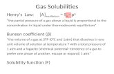 Gas Solubilities Henrys Law: [A] equilibrium = S A · p A the partial pressure of a gas above a liquid is proportional to the concentration in liquid under.