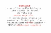 BOTANICA : disciplina della biologia che studia le forme di vita del mondo vegetale. In particolare studia la anatomia, fisiologia, classificazione ed.