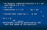 De Broglie combined Einstien’s E = mc 2 and Planck’s E = hv de Broglie combined Einstien’s E = mc 2 and Planck’s E = hv hv = mc 2 hv = mc 2 Substitute.