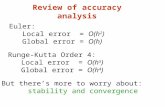 Review of accuracy analysis Euler: Local error = O(h 2 ) Global error = O(h) Runge-Kutta Order 4: Local error = O(h 5 ) Global error = O(h 4 ) But thereâ€™s