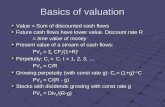 Basics of valuation Value = Sum of discounted cash flows Future cash flows have lower value. Discount rate R = time value of money Present value of a stream