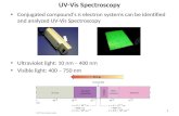 UV-Vis Spectroscopy Conjugated compoundâ€™s € electron systems can be identified and analyzed UV-Vis Spectroscopy Ultraviolet light: 10 nm â€“ 400 nm Visible