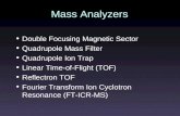 Mass Analyzers Double Focusing Magnetic Sector Quadrupole Mass Filter Quadrupole Ion Trap Linear Time-of-Flight (TOF) Reflectron TOF Fourier Transform.