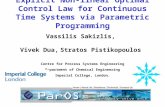 Explicit Non-linear Optimal Control Law for Continuous Time Systems via Parametric Programming Vassilis Sakizlis, Vivek Dua, Stratos Pistikopoulos Centre.
