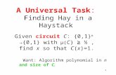 1 A Universal Task: Finding Hay in a Haystack Given circuit C: {0,1} n →{0,1} with μ( C) ≥ ½, find x so that C(x)=1. Want: Algorithm polynomial in n and.