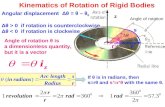 Kinematics of Rotation of Rigid Bodies Angle of rotation Angular displacement Δθ = θ – θ 0 Δθ > 0 if rotation is counterclockwise Δθ < 0 if rotation is.
