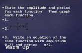 State the amplitude and period for each function. Then graph each function.  1.  2.  3. Write an equation of the sine function with amplitude 0.27.