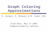 Graph Coloring Approximations D. Karger, R. Motwani & M. Sudan (94) Elad Eban, May 5 th 2005 Inapproximabilty Seminar.