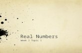 Real Numbers Week 1 Topic 1. Real Numbers Irrational Numbers Numbers that cannot be written as a fraction √2, π Rational Numbers Numbers that can be written.