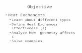 Objective Heat Exchangers Learn about different types Define Heat Exchanger Effectivness (ε) Analyze how geometry affects ε Solve examples.
