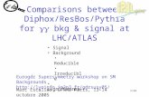 1/33 Comparisons between Diphox/ResBos/Pythia for  bkg & signal at LHC/ATLAS Marc Escalier, LPNHE Paris, 13-14 octobre 2005 Eurogdr Supersymmetry workshop.