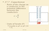 APHY202 9/21/2015 1 17.7 Capacitance   Ratio of the charge on a conductor to the potential difference between the conductors.   Units of farads (F)