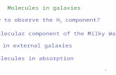 1 Molecules in galaxies 1.How to observe the H 2 component? 2. Molecular component of the Milky Way 3. H 2 in external galaxies 4. Molecules in absorption