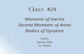 1 Class #29 Moments of Inertia Second Moments of Areas Radius of Gyration Statics Spring 2006 Dr. Pickett