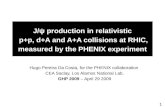 1 J/ψ production in relativistic p+p, d+A and A+A collisions at RHIC, measured by the PHENIX experiment Hugo Pereira Da Costa, for the PHENIX collaboration.