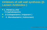 Inhibitors of cell wall synthesis (β- Lactam Antibiotics ) 1. PENICILLINS 2.Cephalosporins 3.Carbapenems ( Imipenem ) 4. Monobactams ( Aztreonam)