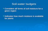 Soil-water budgets  Considers all forms of soil moisture for a given region  Indicates how much moisture is available for plants.