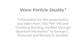 Wave Particle Duality* *Information for this presentation was taken from ASU PHY 540 and “Chemical Bonding Clarified Through Quantum Mechanics” by George.