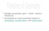 (Greek γεωμετρία; geo = earth, metria = measure)Greek developed to meet practical needs in surveying, construction, and astronomy surveyingconstructionastronomy.