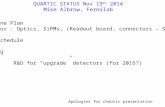 QUARTIC STATUS Nov 19 th 2014 Mike Albrow, Fermilab Baseline Plan Detector : Optics, SiPMs, (Readout board, connectors – S. Los) Time schedule Testing
