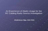 An Experience of Aladin Usage for the RC Catalog Radio Source Investigation