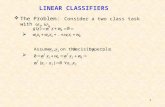 1  The Problem: Consider a two class task with ω 1, ω 2   LINEAR CLASSIFIERS.