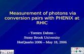 Measurement of photons via conversion pairs with PHENIX at RHIC - Torsten Dahms - Stony Brook University HotQuarks 2006 â€“ May 18, 2006
