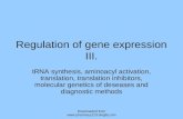 Regulation of gene expression III. tRNA synthesis, aminoacyl activation, translation, translation inhibitors, molecular genetics of deseases and diagnostic.