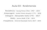 Aula 03 - fenômenos Resistência - Georg Simon Ohm 1787 – 1854 Amperagem - André Marie Ampére 1775 – 1836 Voltagem - Alessandro Volta 1745 – 1827 Watts.