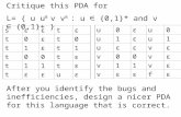 Critique this PDA for L= { u u R v v R : u ∈ {0,1}* and v ∈ {0,1}+ } u0εu0 u1εu1 uεεvε v00vε v11vε vεεfε sεεtε t0εt0 t1εt1 t00tε t11tε tεεuε After you.