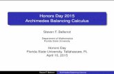 Honors Day 2015 Archimedes Balancing Calculusbellenot/talks/fsu04.15/fsu15-04-10.pdfheight 2R with a center of gravity at R to the left of the fulcrum. The cylinder has volume (and