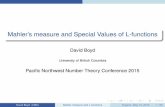 Mahler's measure and Special Values of L-functionsboyd/pnwnt2015.ed.pdf · Mahler’s measure and special values of L-functions Explicit formulas - Conjectures Conjectures inspired