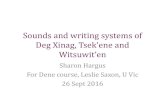 Deg Xinag, Witsuwit’en and Tsek’ene.pdf · Sounds and writing systems of Deg Xinag, Tsek’ene and Witsuwit’en Sharon Hargus For Dene course, Leslie Saxon, U Vic 26 Sept 2016