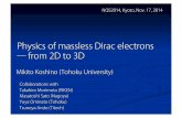 Physics of massless Dirac electrons ― from 2D to 3D · Physics of massless Dirac electrons ― from 2D to 3D NQS2014, Kyoto, Nov. 17, 2014 Mikito Koshino (Tohoku University) Collaborations