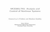 MCE693/793: Analysis and Control of Nonlinear …...We see that for Φ = k, the Routh-Hurwitz criterion gives the range (0,270) for k. For other nonlinearities, we formulate the problem