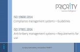 ISO 19600:2014 Compliance management systems Guidelines · PDF file 2018-10-02 · Compliance management systems—Guidelines ISO 37001:2016 Anti-bribery management systems—Requirements