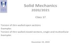 Solid Mechanics 2020/2021 - ULisboa · Solid Mechanics 2020/2021 Class 17 Torsion of thin-walled open sections Examples Torsion of thin-walled closed sections, single and multicellular