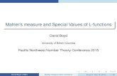Mahler's measure and Special Values of L-functions boyd/ Mahler’s measure and Special Values of L-functions David Boyd University of British Columbia Paciﬁc Northwest Number Theory
