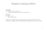 1 Pushdown Automata (PDA) Informally: â€“A PDA is an NFA-µ with a stack. â€“Transitions are modified to accommodate stack operations. Questions: â€“What is a