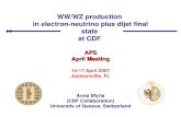 WW ï‚® e ½ jj@CDF 14 April 2007 APS April Meeting WW/WZ production in electron-neutrino plus dijet final state at CDFAPS April Meeting 14-17 April 2007 Jacksonville,