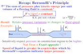 Recap: Bernoulliâ€™s Principle pressure K.E. per unit volume ( = ) mass vol Intuitively expect pressure in constriction region to be higher. Not True â€“