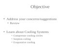 Objective Address your concerns/suggestions Review Learn about Cooling Systems Compressor cooling circles Sorption coiling Evaporative cooling